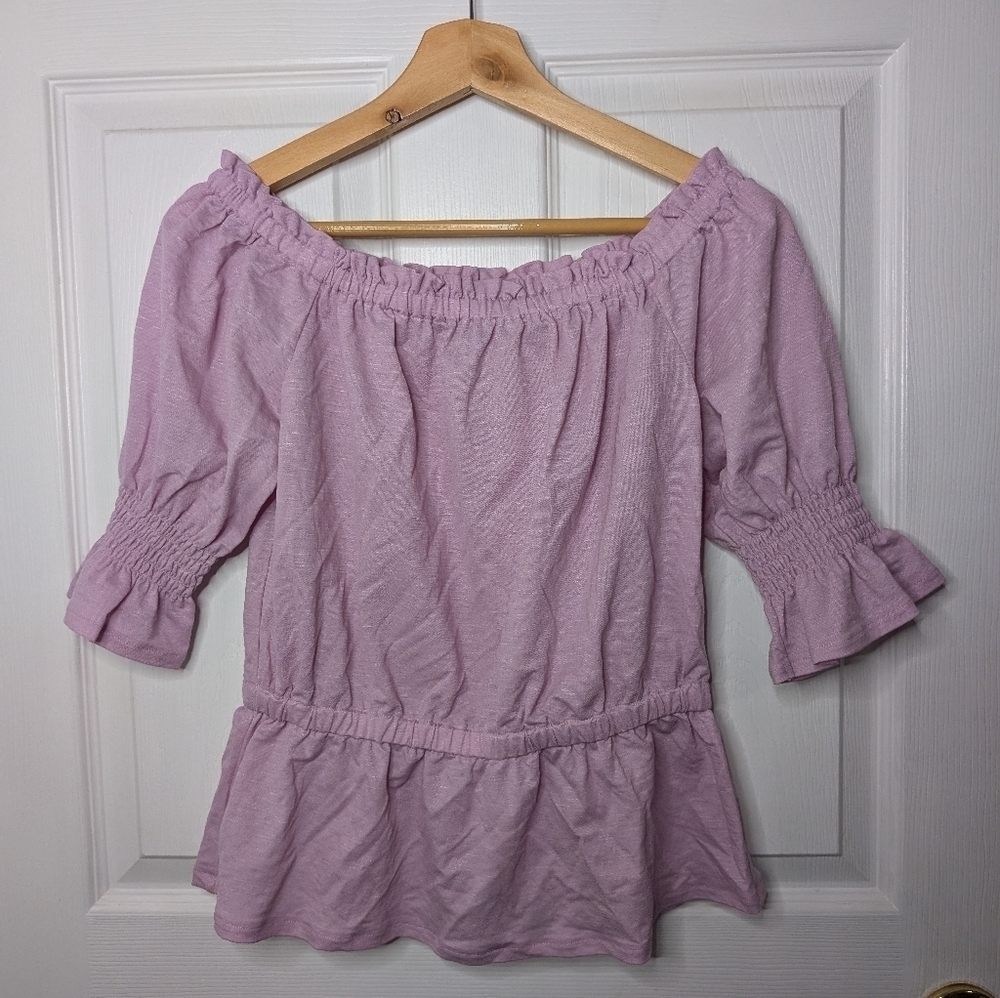 Ann Taylor Womens Top Size XSP Petite Purple Off Shoulder Cinched Shirt Blouse